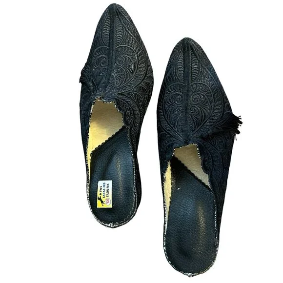 One-of-a-Kind Vintage Embroidered Lace Wedge Mules with Tassels - Picture 2 of 8